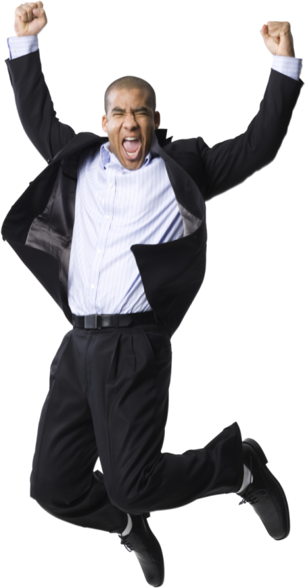 a man in a suit and tie jumping