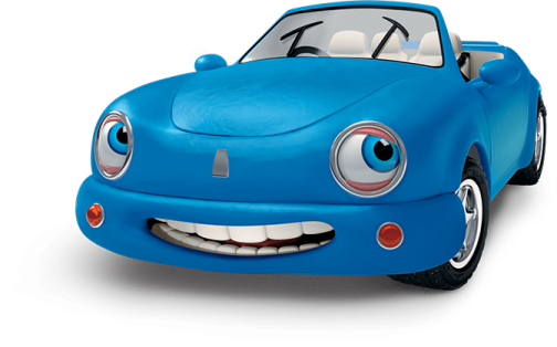 a blue toy car with a smiling face