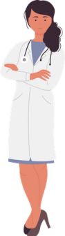 a woman in a white coat with her arms crossed