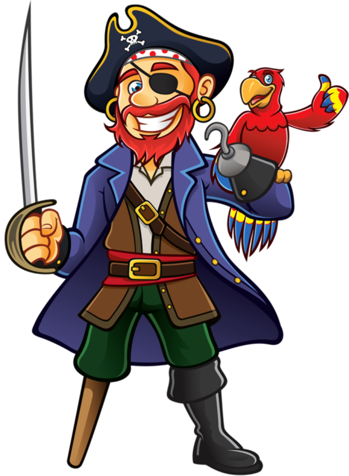 a pirate with a parrot on his shoulder