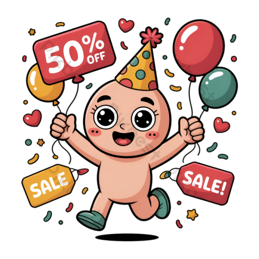 a cartoon character wearing a party hat and holding balloons