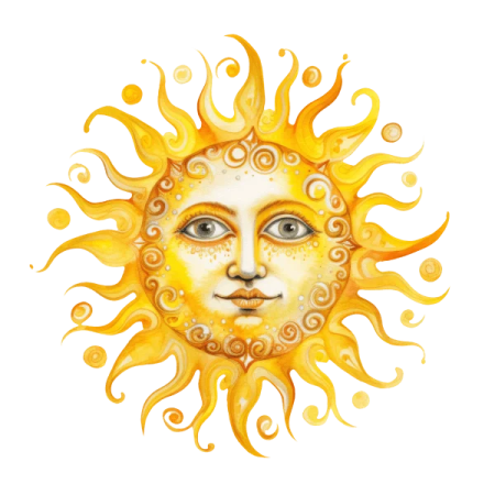 a watercolor drawing of a sun with a face