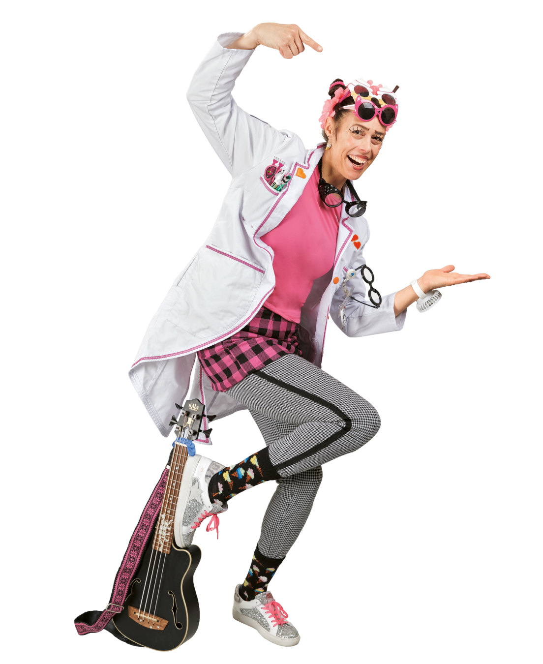 a young girl dressed as a rock star with a guitar