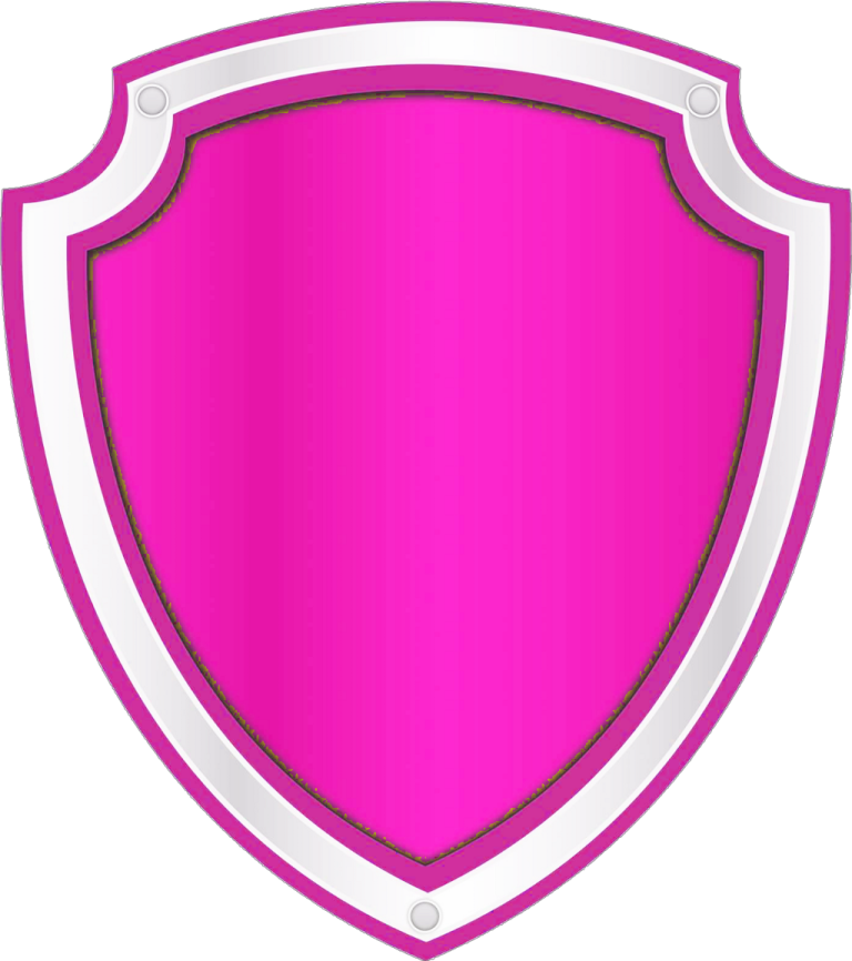 a pink shield with a white border