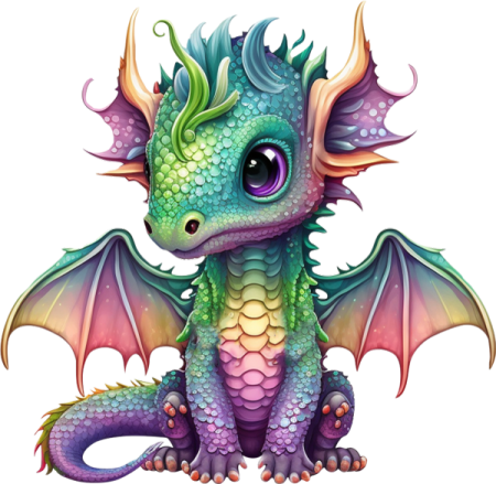 a green and purple dragon sitting on the ground