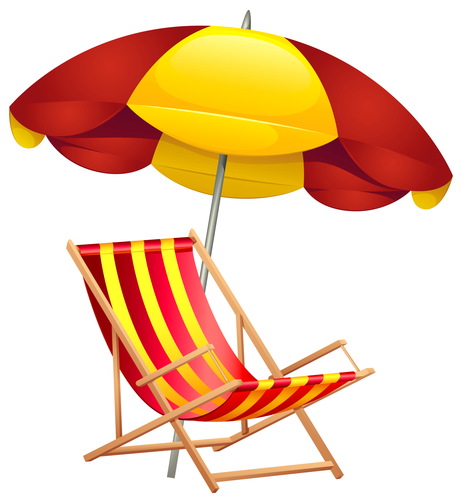 a red and yellow beach chair with an umbrella