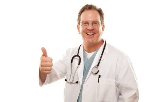 a man in a white lab coat giving a thumbs up