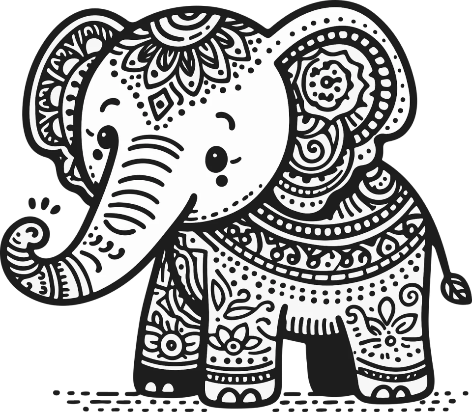 a black and white drawing of an elephant