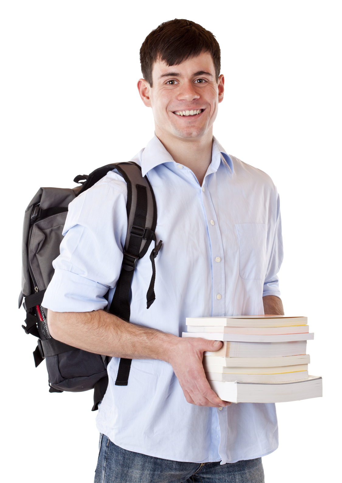 a young man holding a stack of books