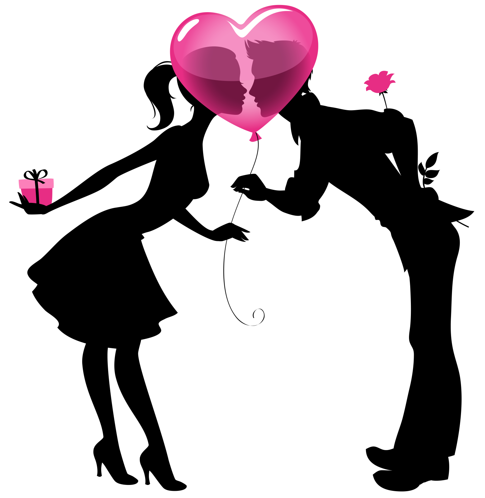 a silhouette of a couple kissing with a heart shaped balloon