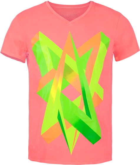a pink t - shirt with green and orange geometric shapes