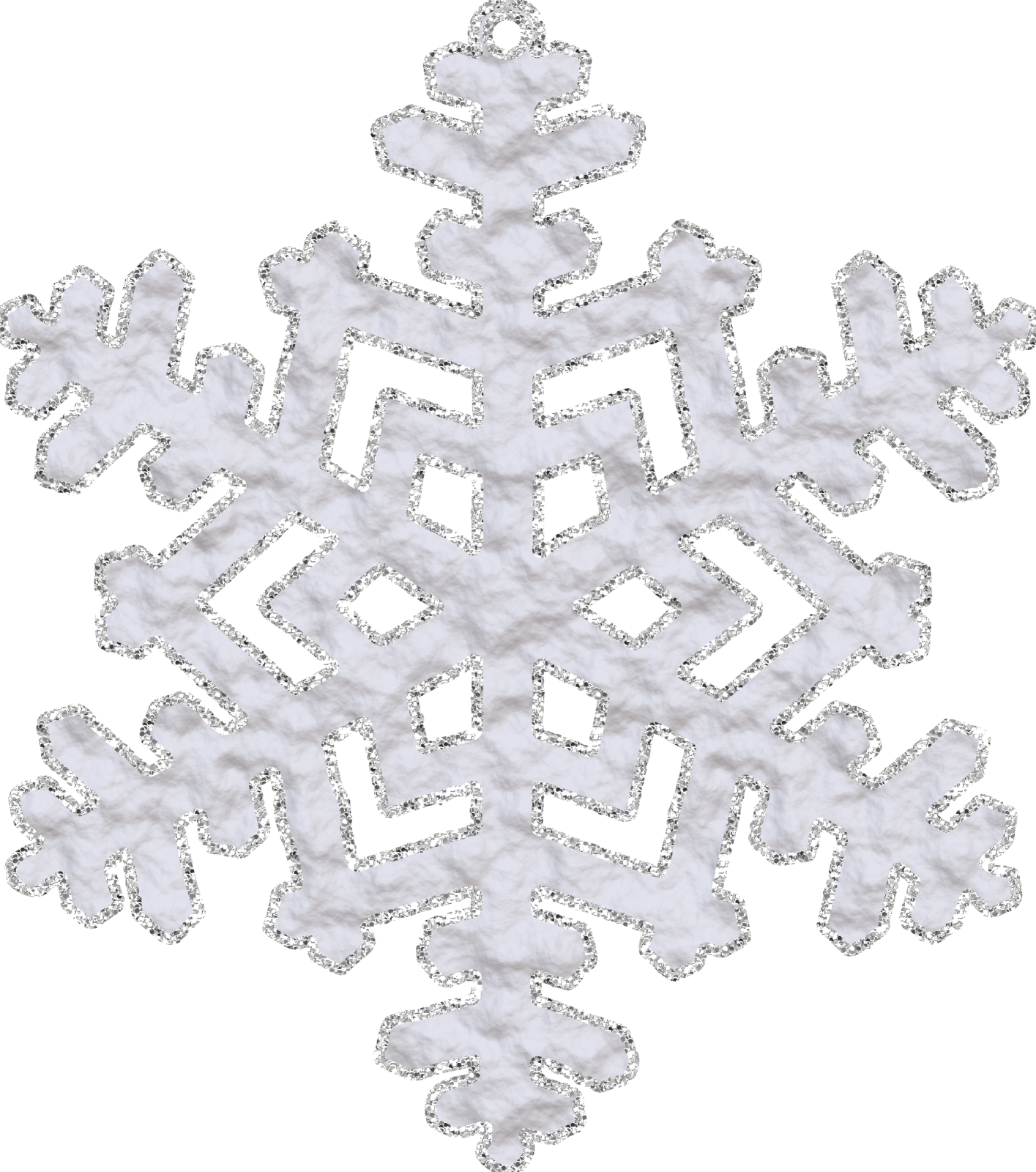 a white snowflake with silver glitters on it