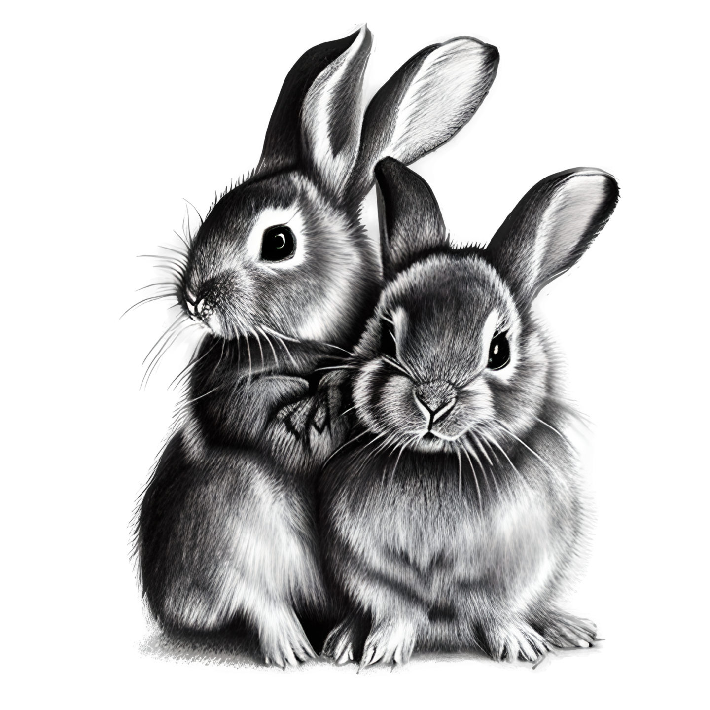 a black and white drawing of two rabbits