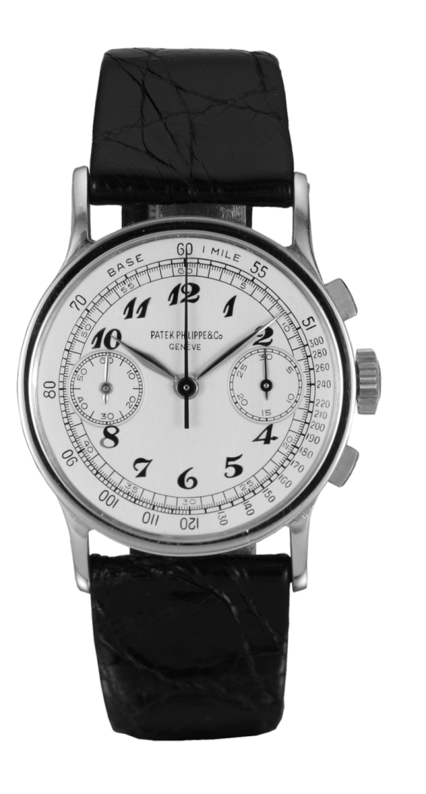 a white dial watch with black leather strap