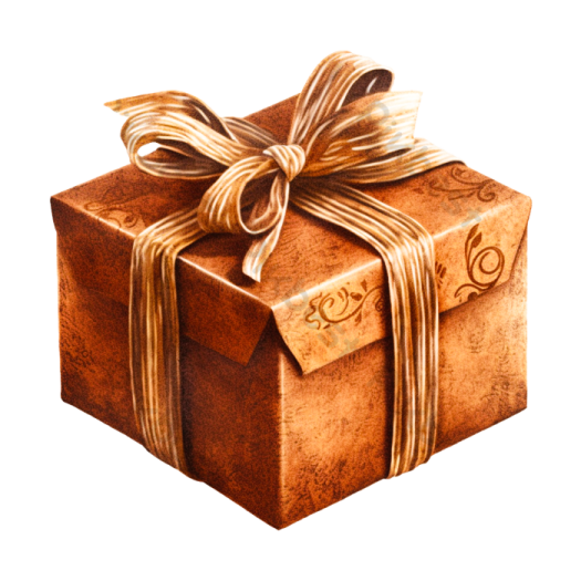 a brown gift box with a gold ribbon