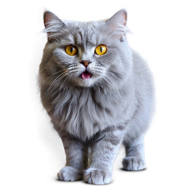 a gray cat with yellow eyes standing up