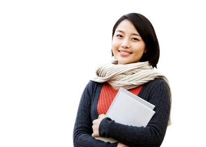 a woman wearing a scarf and holding a laptop