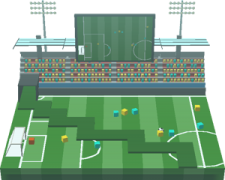 an illustration of a soccer field with a stadium in the background