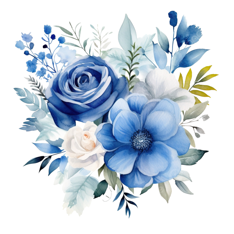 a watercolor painting of blue and white flowers