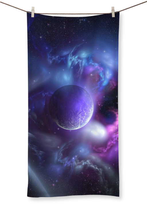 a tapestry hanging on a wall with space in the background