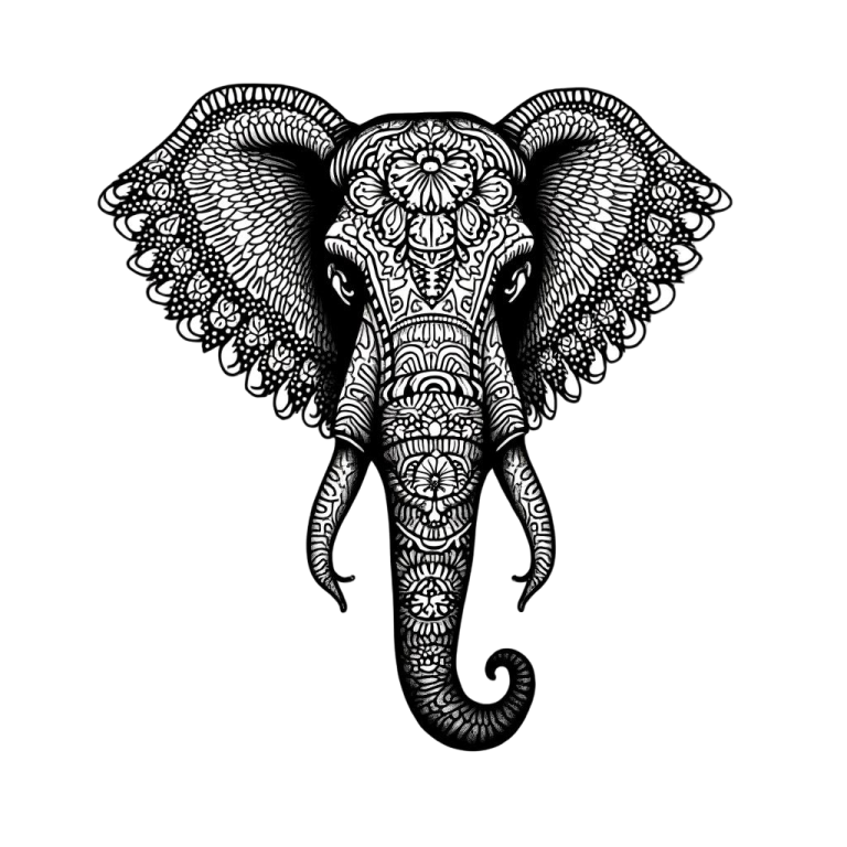 a black and white drawing of an elephant's head