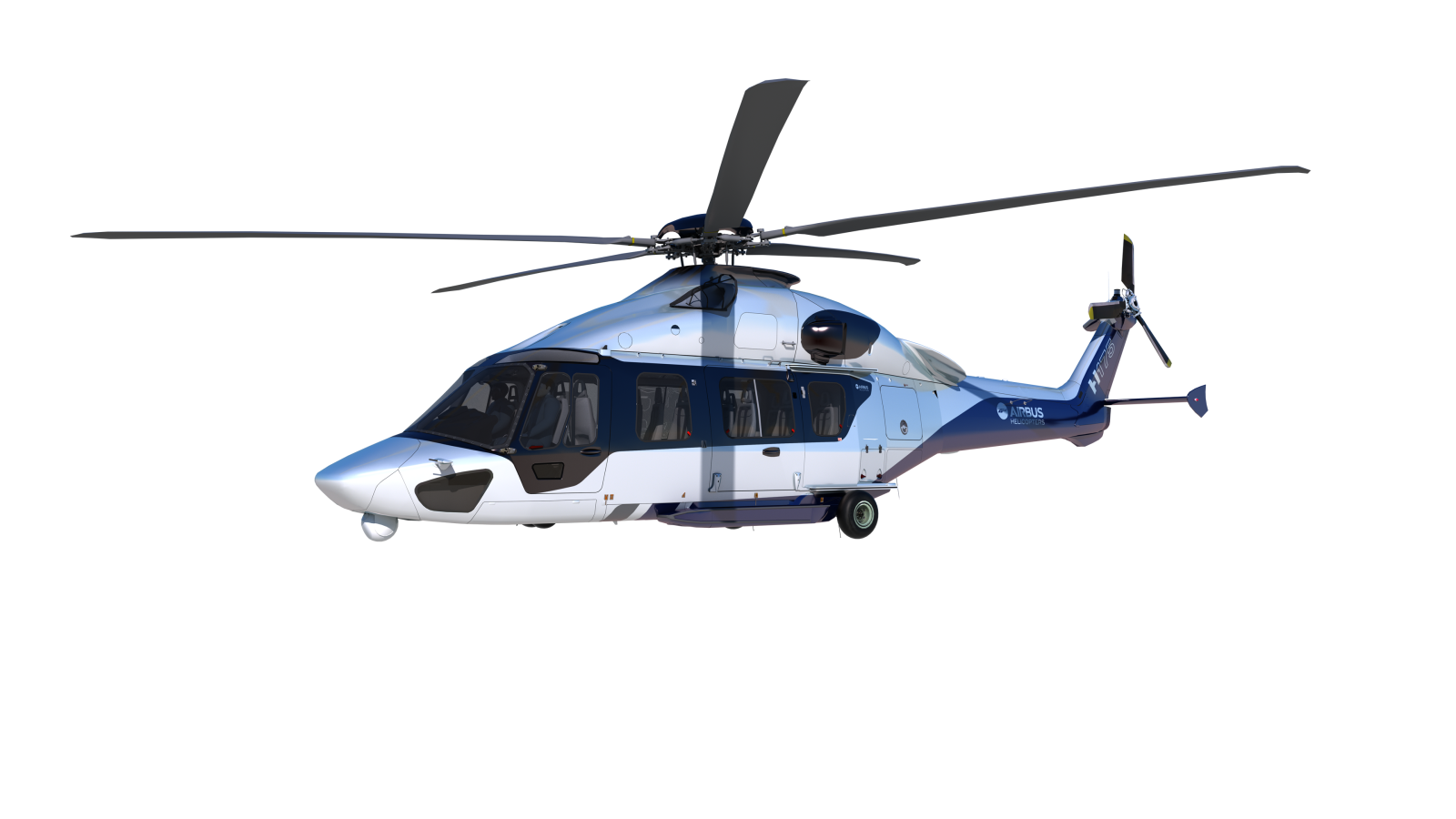 a blue and white helicopter flying through the air