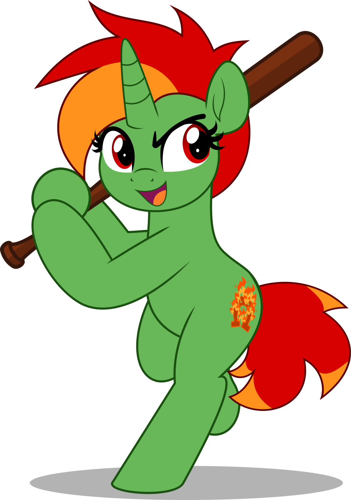 a green pony with red hair and a baseball bat