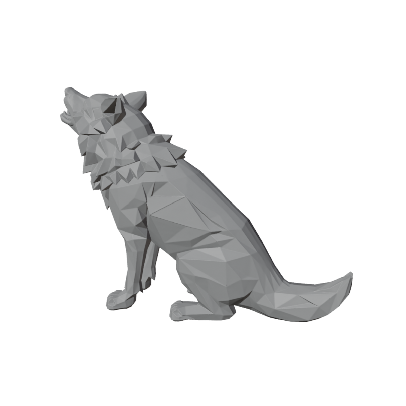 a gray dog sitting down on a white background