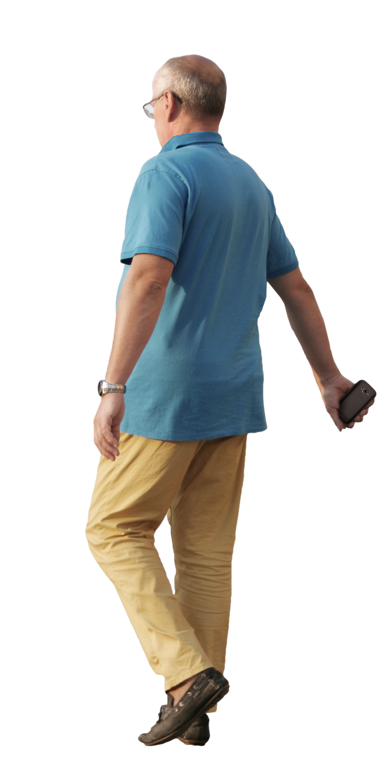 a man in a blue shirt and yellow pants