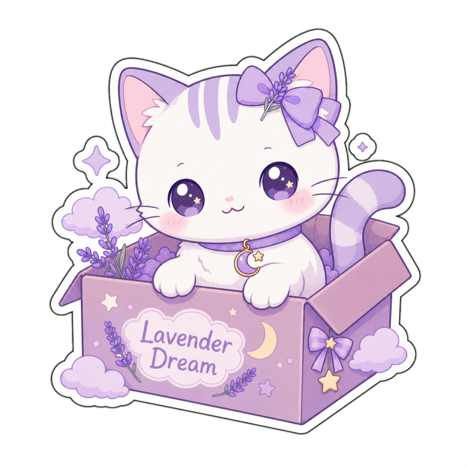 a white cat sitting in a purple box with lavender flowers