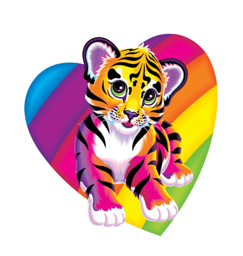 a tiger cub in front of a rainbow heart