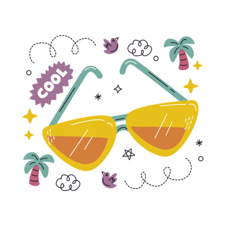 a pair of sunglasses with stars and cons around them