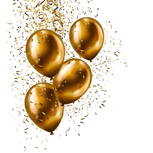 a bunch of gold balloons with confe