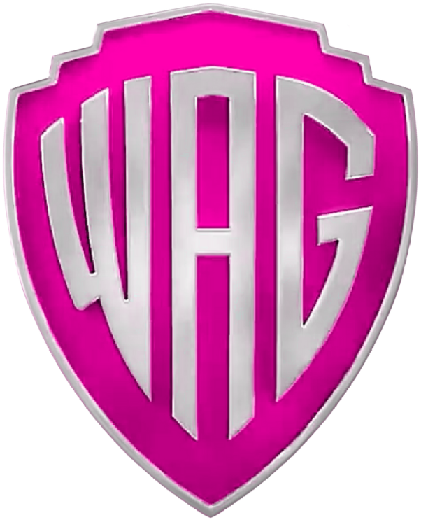 a pink and silver logo on a white background