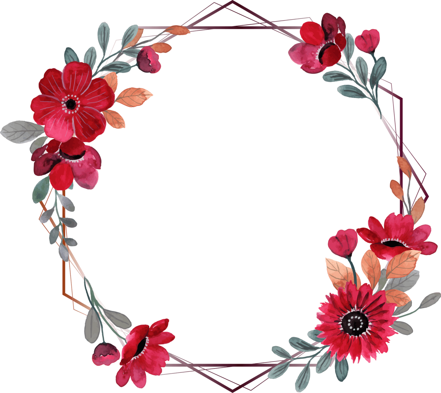 a floral wreath with red flowers and leaves