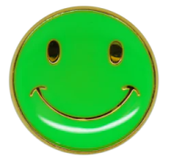 a green smiley face button on a white background