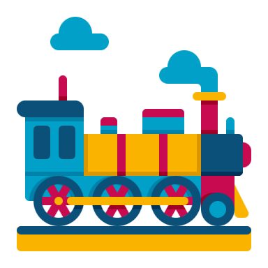 a colorful train with clouds in the background