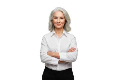 an older woman in a white shirt and black pants