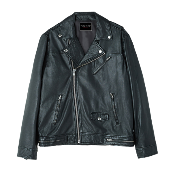 a black leather jacket on a white background