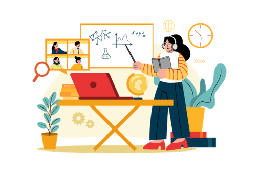 a woman sitting at a desk with a laptop and books in front of her