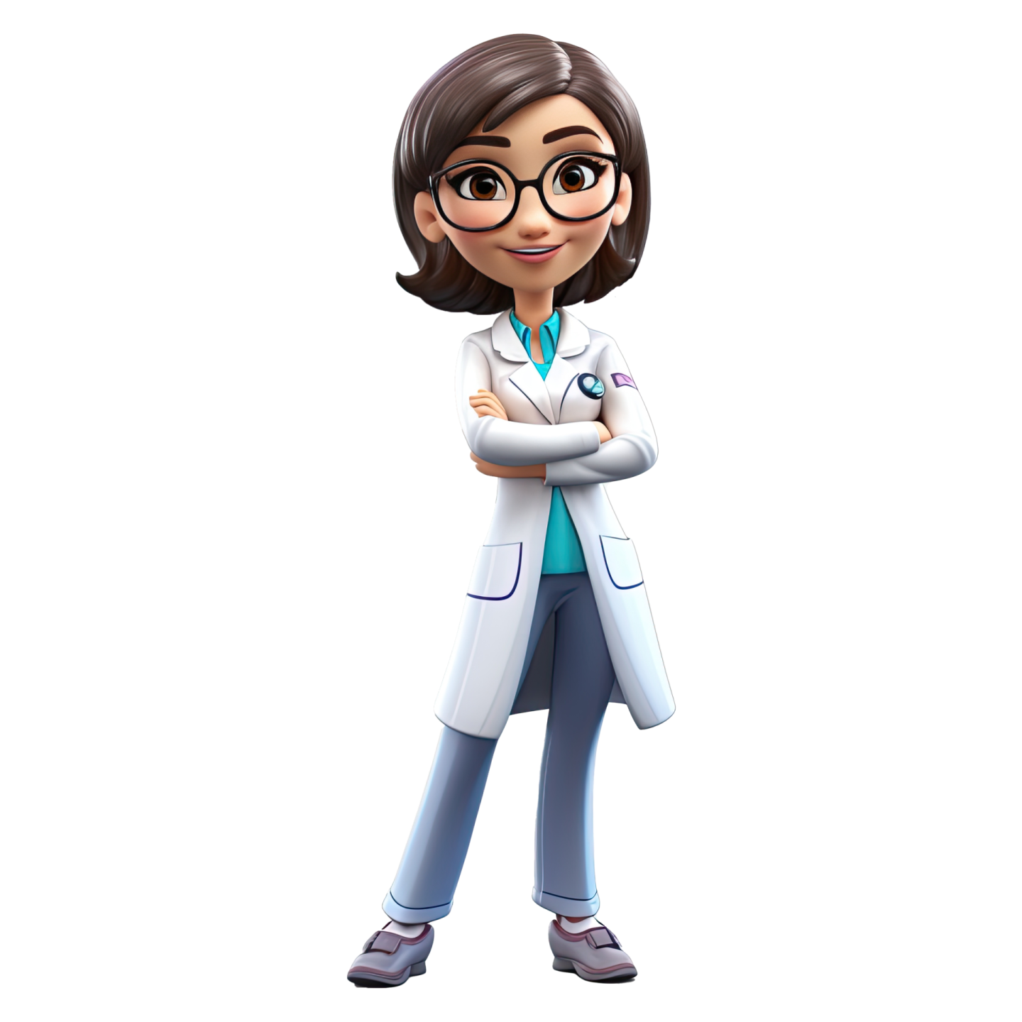 a cartoon female doctor standing with her arms crossed