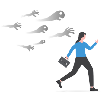 a woman walking in front of a group of ghosts