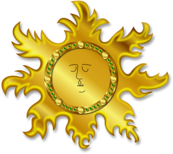 a gold sun with green eyes