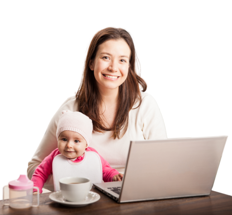 a woman holding a baby in front of a laptop