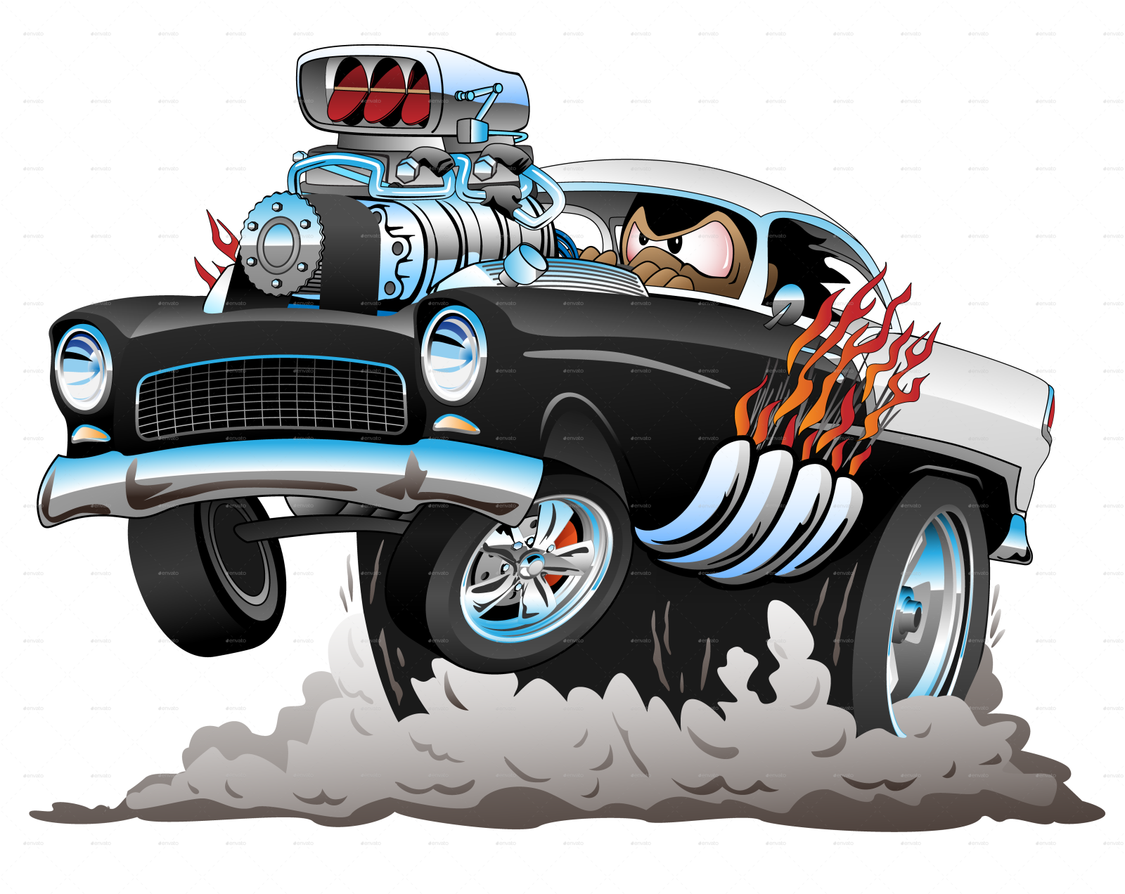 an old car with a robot in the back
