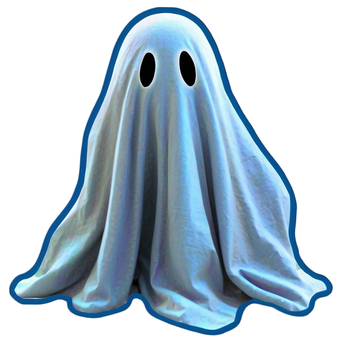 a blue and white ghost with black eyes