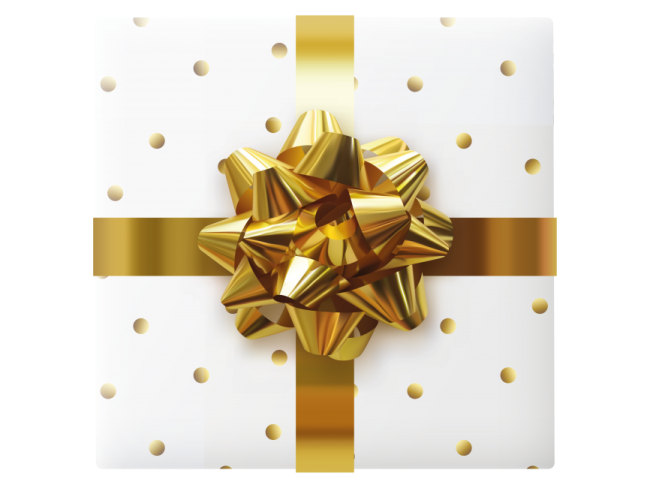 a white gift box with gold bow and polka dots