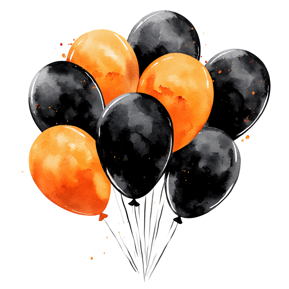 a bunch of black and orange balloons