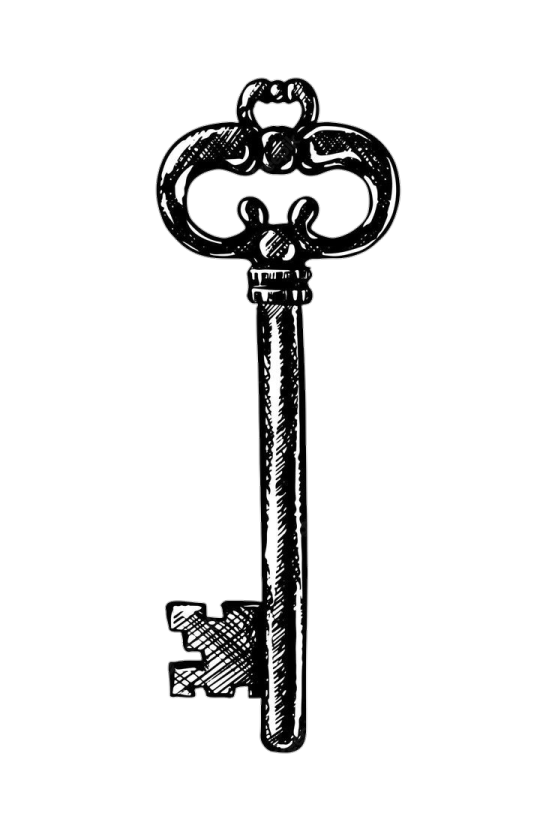 a black and white drawing of an old key