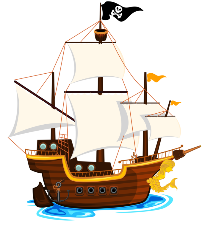 a pirate ship with a flag and a fish